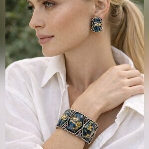 Vintage Teal & Gold Statement Bracelet and Earrings Set – Art Jewelry